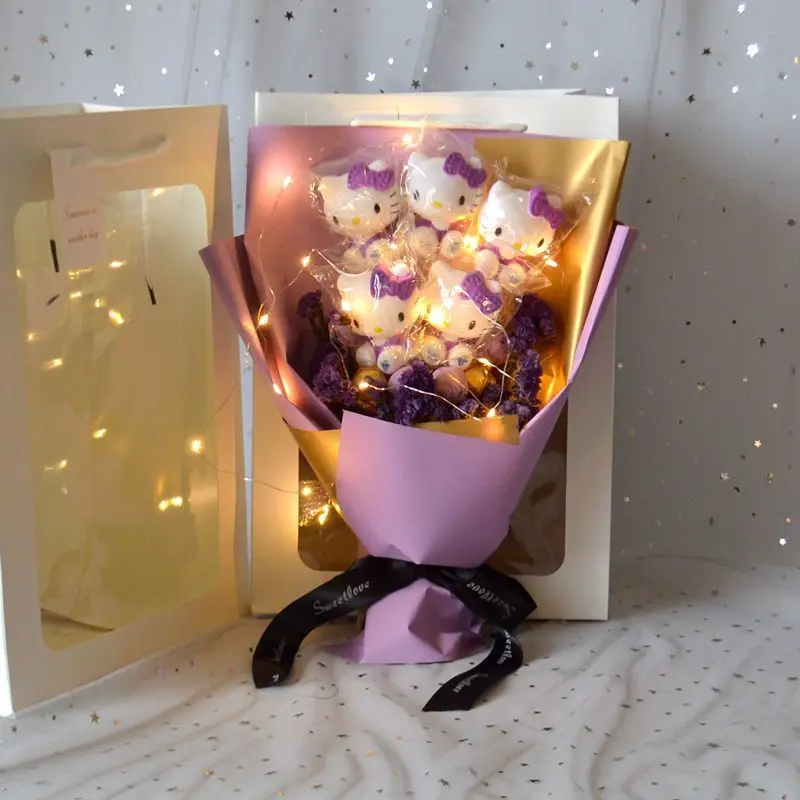 Purple Led Light Hello Kitty Bouquet Toys Stuffed Flower Bunch For Valentines Day Gift